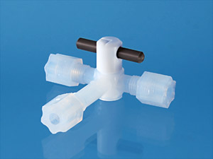 3-Wege-Hahn aus PFA 1/4" (L-Funktion) 3-Wege-Hahn aus PFA 1/4" (L-Funktion)